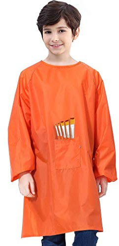 Royar beauty Kids Art Smock, Waterproof Apron with Pocket for Children, Artist Painting Aprons Smocks with Long Sleeve for Boys and Girls (Orange, Ages 4-8)
