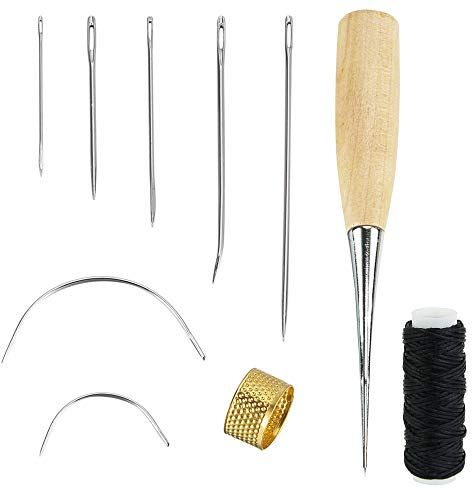 CODIRATO Agujas de Coser con Hilo, Encerado de Cuero con Taladro Curvas con Punzón para Reparación de Cuero