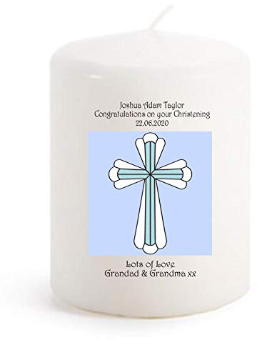 Christening Candle Personalised Gift for Baby Boy 3 Pillar Candle