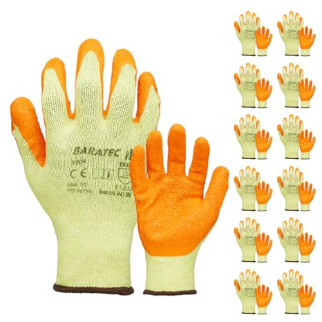 Baratec Pack of 12 Work Gloves, Latex Gloves, Mens Womens, Size 11/XXL | Gardening Gloves, Waterproof Latex Grip, Safety Gloves, Working Gloves, Heavy Duty Gloves, Builders, PPE, Protective Gloves