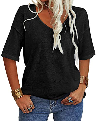 Danedvi Women Fashion V-Neck Half Sleeves Oversized T Shirt Solid Casual Loose Basic Tops Black