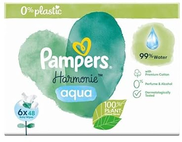 Pampers Harmonie Aqua Baby våtservetter (6 x 48), skonsamt hudskydd för känslig hud med 99% vatten, 288 våtservetter