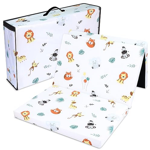 Colchon Cuna Bebe Plegable 120 x 60 cm - colchoneta Cama Infantil de Viaje colchón Transpirable y colchones de Espuma con Funda Lavable 120x60cm Safari