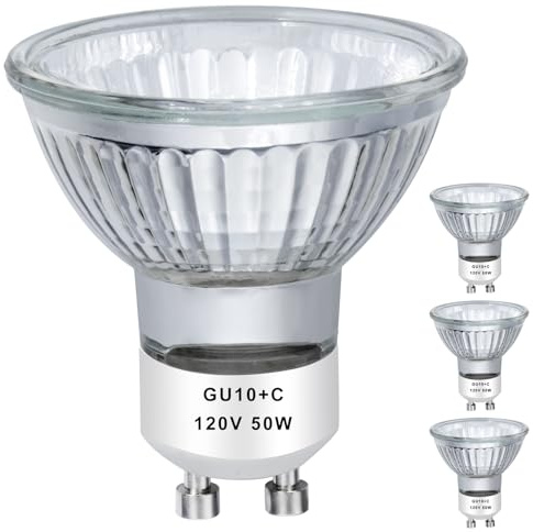 AHEVO GU10 120V 50W Halogen Bulb MR16 Glass Cover GU10+c Bulb 2700k Warm White Dimmable, 50W Replacement Bulb for Wax Burner Light Bulb, Candle Warmer Bulbs, Scentsy Warmers (4 Pack)