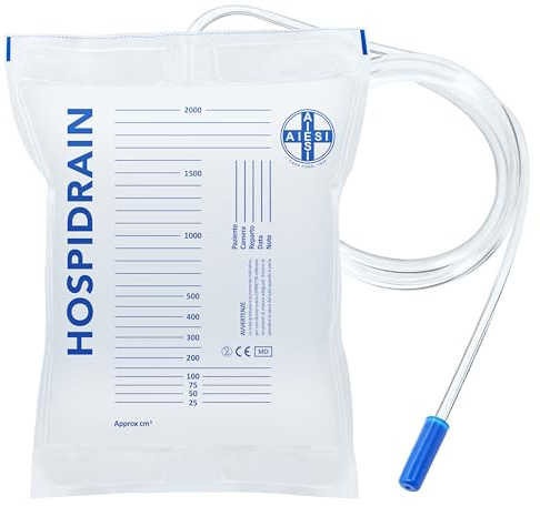 AIESI® Sacche per urina da letto 2 litri tubo 120 cm (250 pezzi) senza rubinetto di scarico HOSPIDRAIN