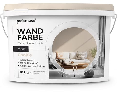 Preismaxx Wandfarbe Beige Cookie hohe Deckkraft matt hochdeckend 10l | Für Wände, Decken, Putz, Tapete & Altanstriche, geruchsarm, tropfgehemmt, Renovierung & Neuanstrich