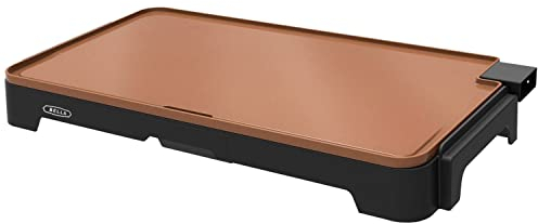 Plancha Eléctrica de Cerámica y Titanio BELLA XL, Prepara 15 Huevos a la Vez, Revestimiento Antiadherente Ecológico, Limpieza Sencilla, Gran Superficie de Cocción Sumergible, 30 x 56 cm, Cobre/Negro