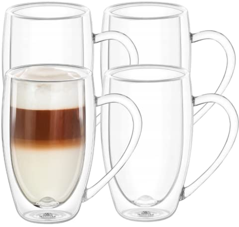 Wilmax | Doppelwandige Thermogläser mit Henkel | 4er-Set | 500 ml | Latte Macchiato Gläser Set | Cappuccino Gläser mit Henkel | Kaffeegläser | Teegläser | Trinkgläser | Thermotassen
