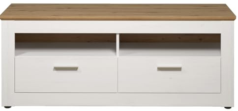trendteam smart living - Shade - Fernsehschrank - Weiß/Eiche - TV-Unterteil mit 2 Schubladen und 2 offenen Fächern - (BxHxT) 148 x 59 x 45 cm - silberfarbene Griffe | B 148 x H 59 x T 45 cm · optional mit LED-Beleuchtung · 2 Schubladen, 2 offene Fächer