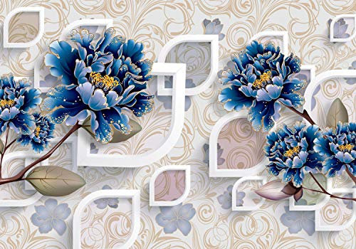 wandmotiv24 Fototapete Blau Blumen Ornamente Blumen 3D Formen, 200 x 140cm - selbstklebende Strukturtapete, Wanddeko, Wandbild, Wandtapete, M4354