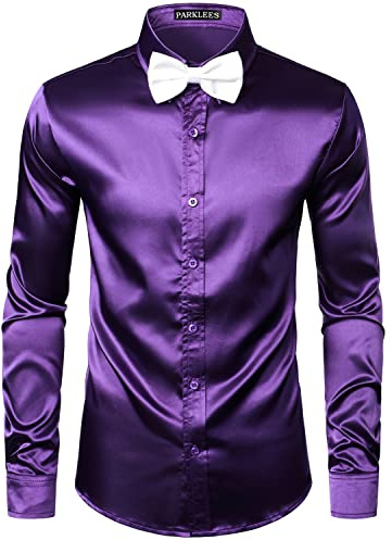 PARKLEES Chemise à manches longues en satin brillant similaire à de la soie - pour homme - pour fête, soirée disco, bal de promo