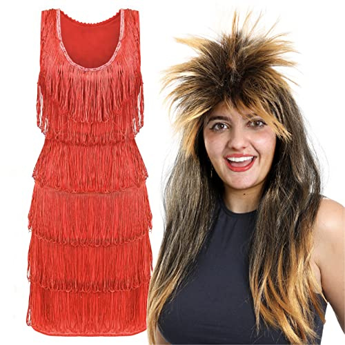 Ladies 80's Pop Star Costume - Red Dress With Fringing and Dark Blonde Wig - Perfect for 80s Themed Party Pop Star Dress Up an Other Fancy Dress Events