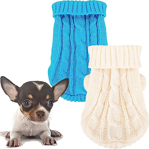 2 Pieces Xxs Dog Sweater Chihuahua Clothes Dog sweaters for Small Dogs Girl Boy Teacup Dog Yorkie Turtleneck Knitted Sweater Pet Clothes Fall Dog Clothes Blue White