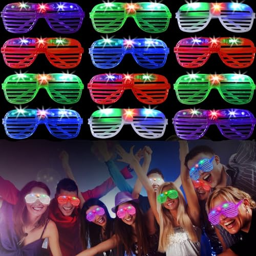 SUPRBIRD Neonbrillen, Partybrille, 12 Stück, leuchtende Brillen, Rollladenbrillen, blinkende Sonnenbrille, Weihnachtsbrille für Kinder und Erwachsene, Rave-Party-Set, Happy New Years Eve Partybrille