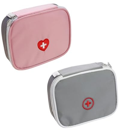 2 Stück Medizin Organizer Tasche - Erste-Hilfe-Kit, Square Multi-Compartment Krankenpflege für Bequeme Reisen (Rosa, Grau)