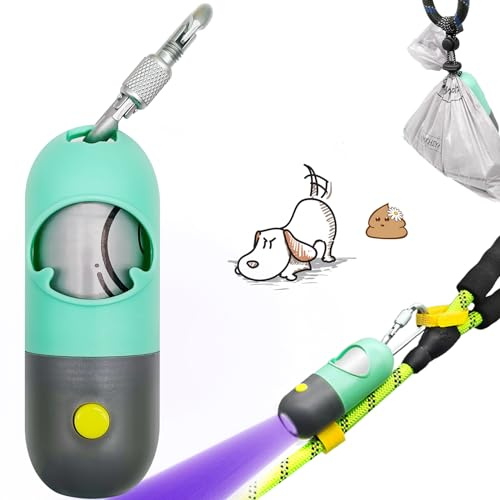 YUCHIYA Dog Poop Bags Holder with UV Flashlight with 1 Roll of Leak-Proof Dog Waste Bags Black Light for for Pet Urine Detector with Built-in LR44 Batteries and Dog Walking Accessories (Mint Green)