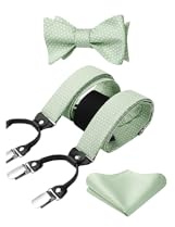 HISDERN Bow tie and Suspenders for Men Green Plaid Suspender Self Bowties with Pocket Square Set Sage Green Adjustable Y Shape Wedding Mens Braces