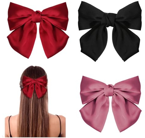 GWAWG Haarschleifen mit Schleife, einfarbig, weicher Satin, seidige Haarschleifen für Damen und Mädchen (Schwarz, Rot und Rosa), 3 Stück