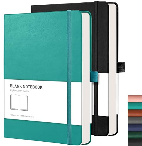 RETTACY Notizbuch A5 Blanko 2er Pack, 100g/m², je 192 Seiten | 100g/m² Papier, reißfest, Stiftschlaufe, Innentasche, für Skizzieren & Schule - Schwarz & Türkis