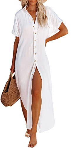 Viottiset Damen Kurzarm Button Side Schlitz Maxi Lange Badeanzug Cover Up Bluse Kleid Gürtel Kimonos Cardigans Weiß S