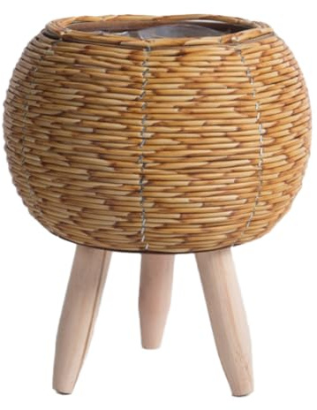 AMIUHOUN Cesta de almacenamiento hecha a mano con patas de madera para macetas, fácil de usar, diseño vintage de ratán