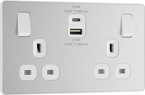 BG Electrical 22W Double Switched Power Wall Plug Socket with Fast Charge Type A and Type C USB Charging Ports, Evolve, Brushed Steel, 13A, PCDBS22UAC22W