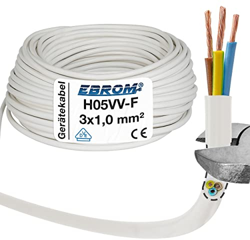 5 Meter - EBROM - H05VV-F 3x1,0 mm² PVC Schlauchleitung, weiß - Gerätekabel, LED Kabel, flexible Leitung, 3G1 mm2 Kunststoffschlauchleitung, Kabel für Haushaltsgeräte, Stromleitung, Stromkabel