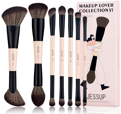 Jessup Brochas de Maquillaje Doble Punta,7pcs Pinceles Maquillaje de Doble Cara para Base,Difuminado,Rubor,Sombra de ojos,Contorno y Polvos Faciales Brochas Maquillaje Ojos Peach Dust T600