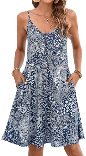 Enmain Womens Summer Dress Spaghetti Strap Dresses Casual Knee Length Swing Floral V Neck Sleeveless Dress with Pockets for Beach Hawaii S-2XL