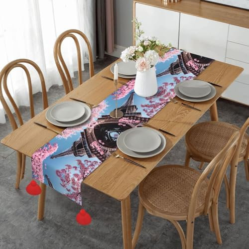 Roter Tischläufer, Ölgemälde, Paris Eiffelturm, Weihnachtsdesign für Winterferien, perfekt für Küche, Esszimmer, Partys, 35,6 x 152,4 cm