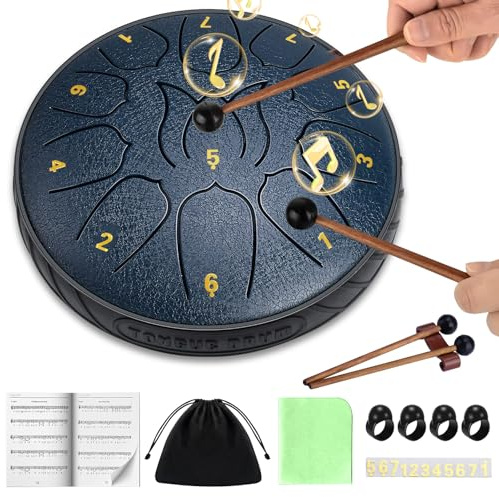 Zungentrommel,6(15.2cm) Zoll 11 Tone Rain Drum,Regentrommel Schlagzeug Anfänger mit Notenbuch,Trommelstöcken,Tasche,Rain Drum Outdoor Percussion,Steel Tongue Drum für Meditation&Yoga Klangheilung
