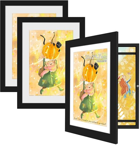 Tinkeps 3 Pack A4 Kids Artwork Display Frame, Black | Children's Artwork Display for 150 Pictures, for Kids Art Projects, Artworks, Schoolwork, Home or Office