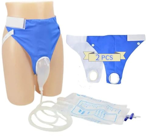 Condom Catheter Urine Collection Bag Reusable Wearable Silicone Urine Drainage Device with 2 Catheter Bag Systems 2 Piece Pants Set (Men Blue+White)