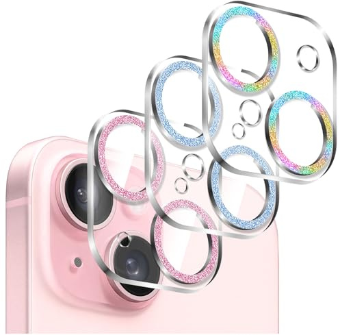 Kucheed 3PCS Glitter Camera Lens Protector for iPhone 12/iPhone 12 Mini, One-Piece Clear Acrylic Shell with Colorful Sparkling Shiny Designed Decoration Back Camera Cover