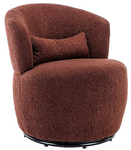 Moderner Drehsessel mit Teddy-Stoff, Metallrahmen, bequemer Loungesessel für Wohnzimmer, Schlafzimmer, Büro, Fasswannensessel in brauner Farbe