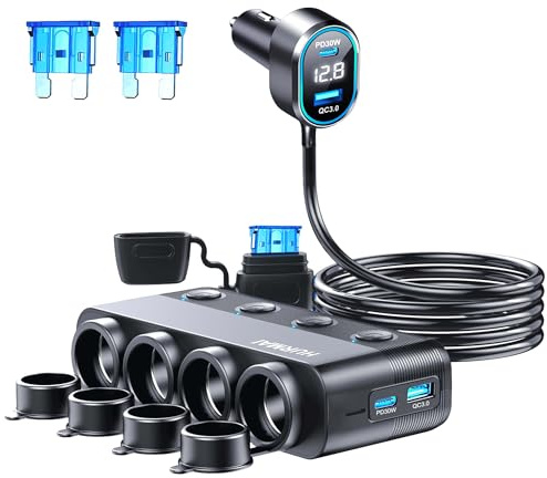8 in 1 Cigarette Lighter Splitter,264W 4 Socket Car Cigarette Lighter Adapter,Type-C QC3.0 PD 30W Charging,Heavy Duty Truck Car USB Chager Multi Plug Outlet 12V/24V Independent Switches,LED Voltmeter