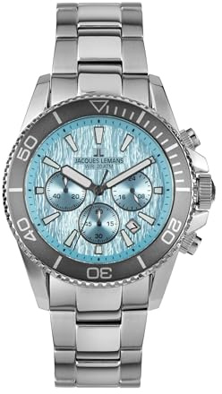JACQUES LEMANS - Chronographen Liverpool Diver - Quartz Uhrwerk - Gehäusedicke: 12.2 mm - Gehäusebreite: 44 mm - Edelstahl - Light Blue - 20 ATM