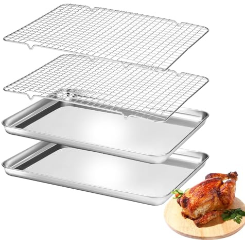 BEWOS 4 Stücke Backblech mit Abkühlgitter - Edelstahl-Tief, Spülmaschinenfest und Langlebig, für getoastete Baguetten