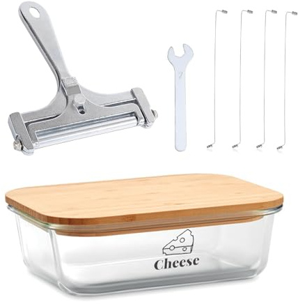 Yomjarl Cheese Container for Refrigerator,Glass cheese slice holder with Wooden Lid&Cheeses Cutter,Lunch Deli Meat Containers for Fridge,BPA-Free Shredded Cream Block Cheeses Storage Box keeper