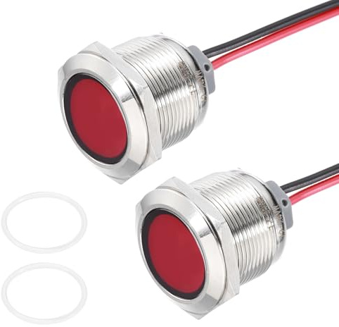 PATIKIL 2Pcs 22mm(7/8) Indicator Light,12V-24V AC/DC 20mA LED Metal Signal Lamp Waterproof IP67 Flat Head Signal Lights with 205mm(8) Cable for Boat Car,Red