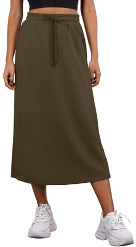 PrinStory Gonne midi da donna estive con vita elastica regolabile con coulisse e tasche, verde militare, XXL