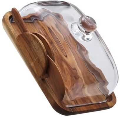 VALICLUD Mantequillera De Madera Con Tapa De Vidrio Recipiente Para Queso y Aperitivos Para Encimera De Cocina Almacenamiento De Pan Para Pan