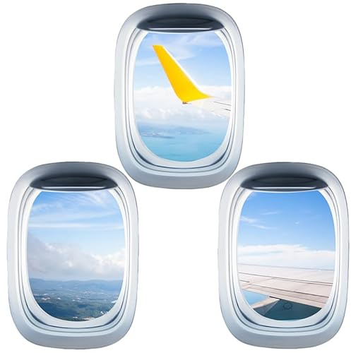3 Sheets Airplane Window Wall Stickers PVC Removable Window Decals for Home Office Bedroom Living Room Decor Faux Porthole View