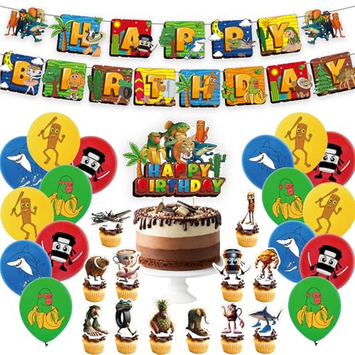 Italian Brainrot Birthday Decorations,Italian Brainrot Party Decorations, Happy Birthday Decor, Italian-Brainrot Themed Party Supply, Includes Banner - Cake Topper - 12 Cupcake Toppers - 16 Balloons