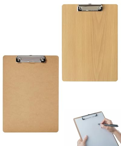 FUGLUS A4 Klemmbrett 2er Set mit gummierter Metallklemme und Holzdeckel für Studenten und Büro,Ideal für Notizen,Quittungen und Einkaufslisten - Holzfarbe