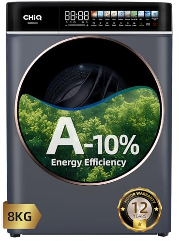 CHiQ CW086581AXU 8kg Washing Machine with 13.5 LED Touchscreen, A-10% Energy Efficiency, Steam Wash & Quick Wash, BLDC Motor (1400 RPM), Large Drum, Antibacterial Door Seal, Grey[Energy Class A-10%]