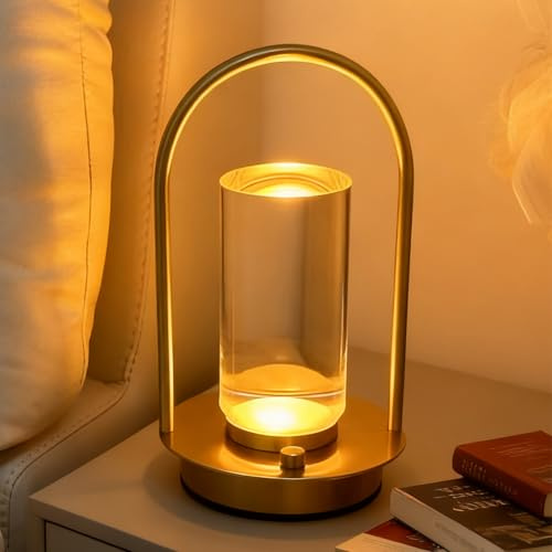 SUNOYA Lámpara de mesa LED inalámbrica, LED regulable sin cables, lámpara de mesa blanca cálida, material de cobre, lámpara de calentador de velas, portátil, batería táctil, regulable para interior y