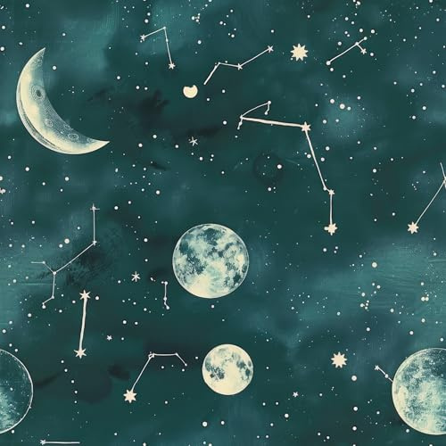 HelloWall Space Galaxy Wallpaper Peel and Stick Green Teal Celestial Wallpaper Moon Star Constellation Wall Mural for Ceiling Kids Room Self Adhesive Starry Night Sky Contact Paper Removable 17.5x80