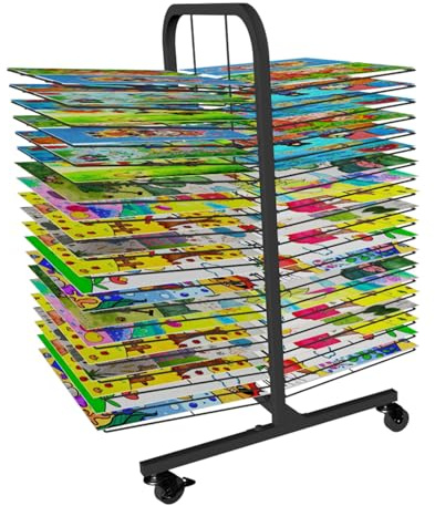 OLSKFUH Mobiler Kunst-Trockenständer Mit Rädern, Metall-Trockenständer Für A3-Papiermalerei, Aufbewahrungsregal Für Kunstwerke, Leinwand-Stapelständer Mit Abnehmbaren Regalen Für,40 Shelves