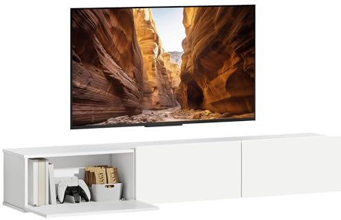 HOMCOM TV Schrank Lowboard hängend 180 cm Fernsehtisch für Fernseher bis zu 82 Zoll Hängeschrank mit 3 Klappen, Soft-Close-Türen für Wohnzimmer Weiß